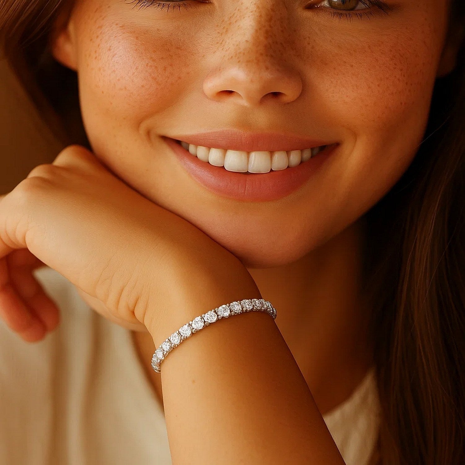 Lab grown diamond tennis bracelet in 14k white gold, featuring a modern prong setting and 5 cctw of F/G VS2/SI1 diamonds.