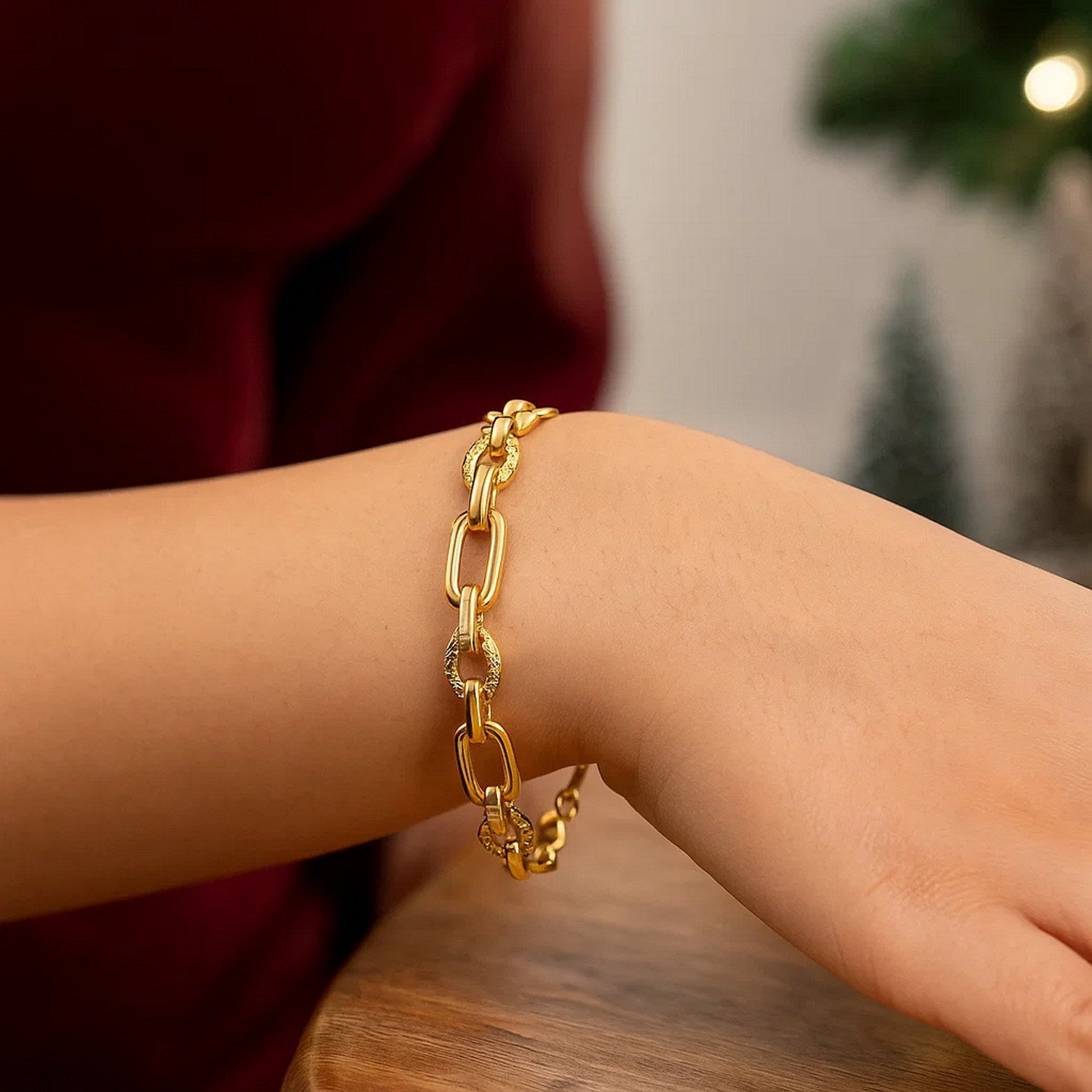 14k yellow gold polished and textured link bracelet, modern design, 6.30 mm width, perfect for elegant layering.