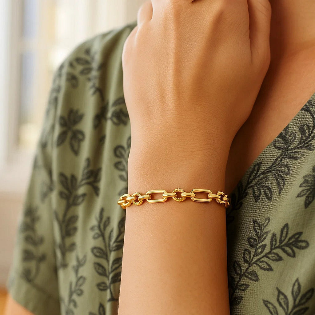 14k yellow gold polished and textured link bracelet, modern design, 6.30 mm width, perfect for luxury styling.