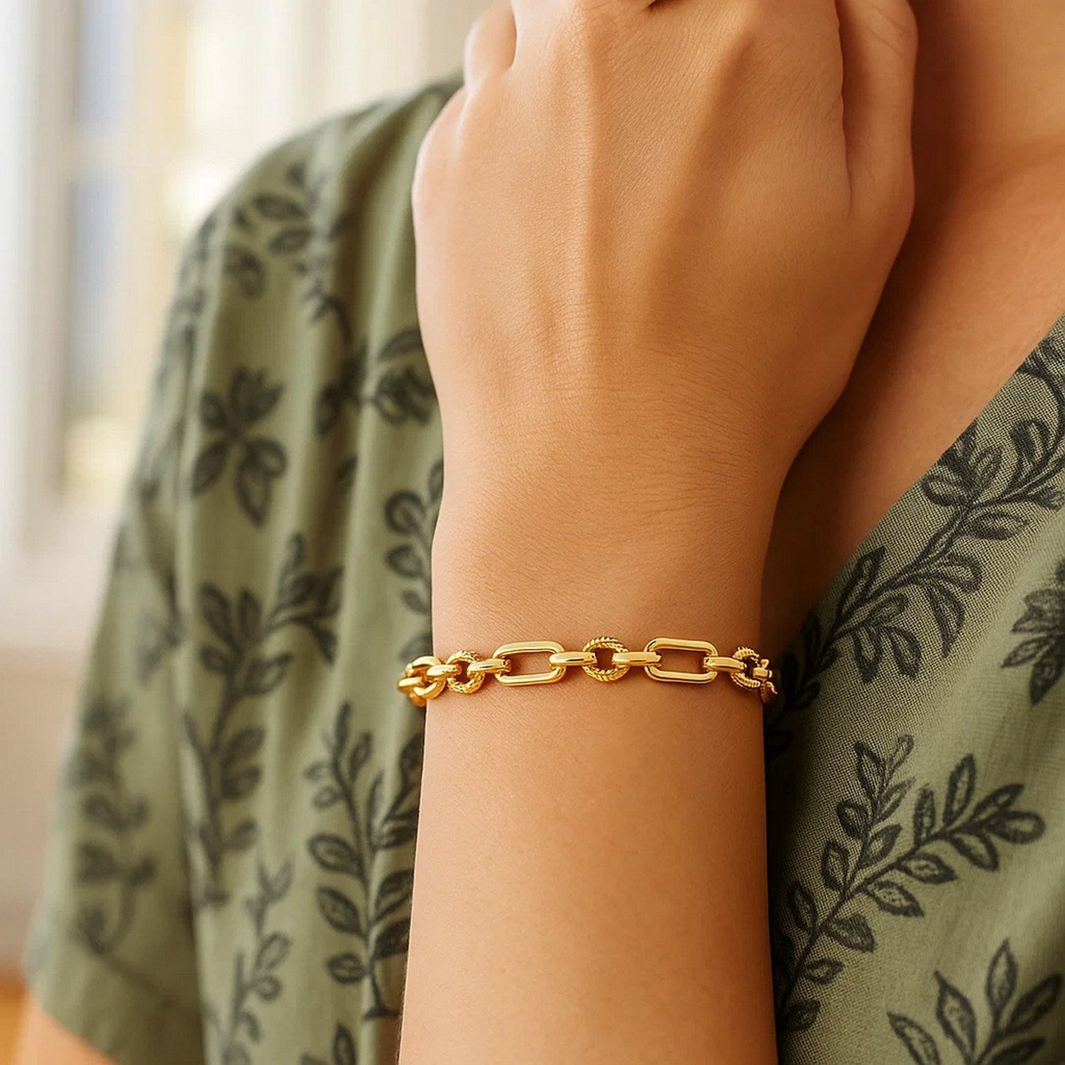 14k yellow gold polished and textured link bracelet, modern design, 6.30 mm width, perfect for luxury styling.