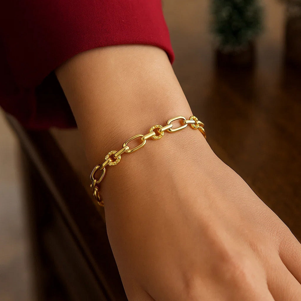 14k yellow gold polished and textured link bracelet, modern design, 6.30 mm width, perfect for elegant layering.