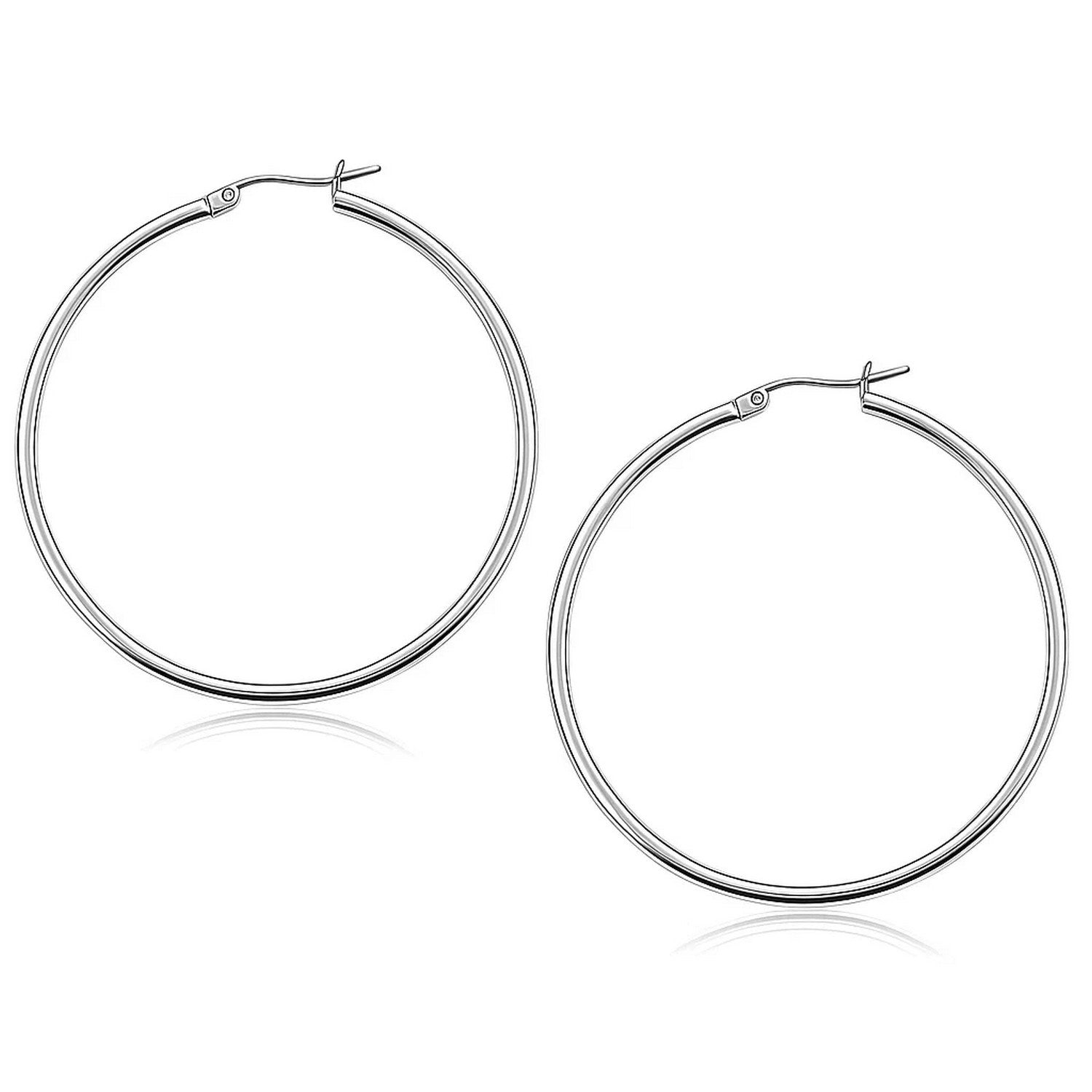14k white gold polished hoop earrings with a sleek modern design, perfect for elegant everyday wear.