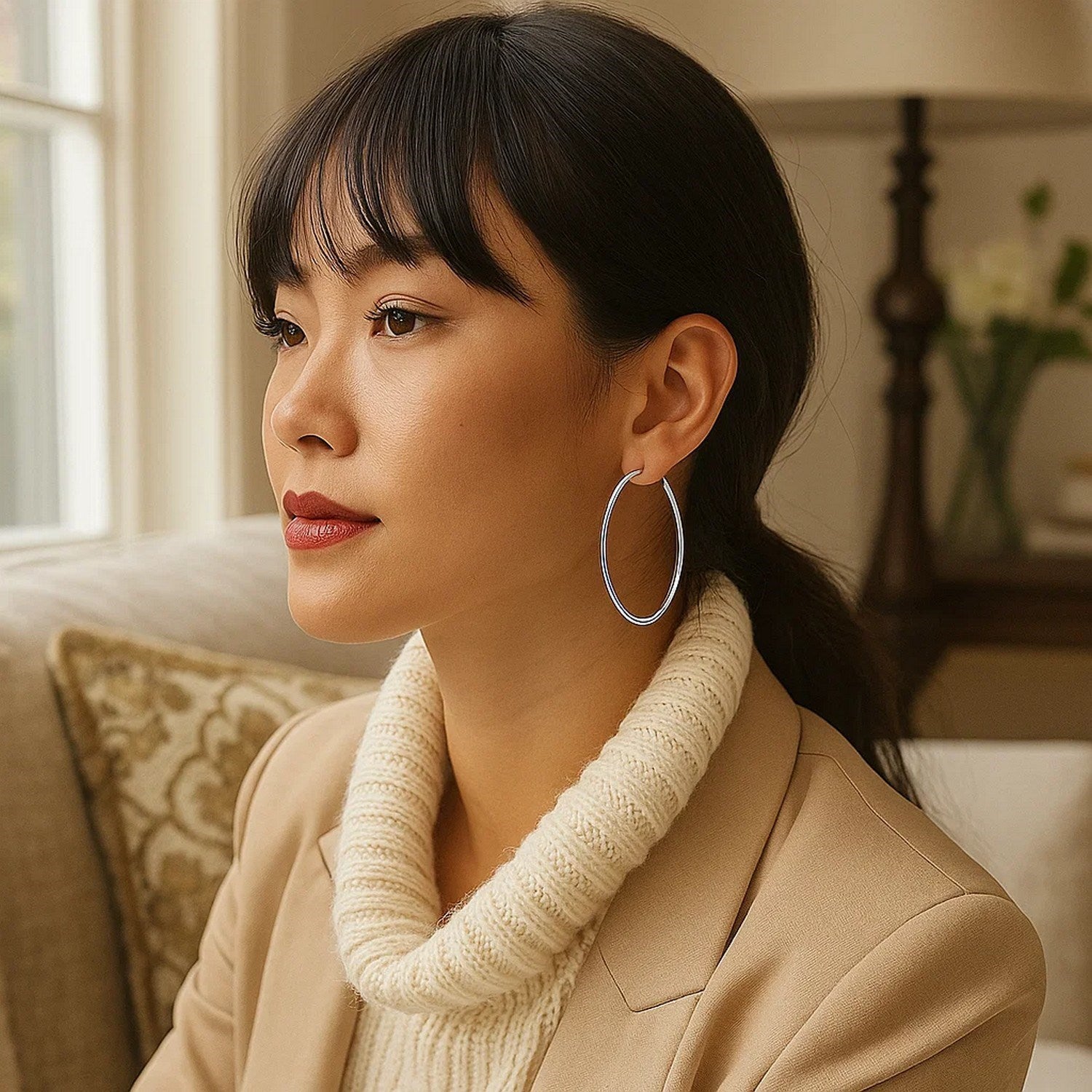 Polished 10k white gold hoop earrings in modern design, showcasing exquisite craftsmanship and timeless elegance.