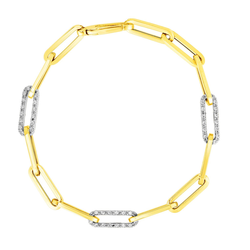 14k yellow gold paperclip chain bracelet featuring three exquisite diamond links for a modern, elegant look.