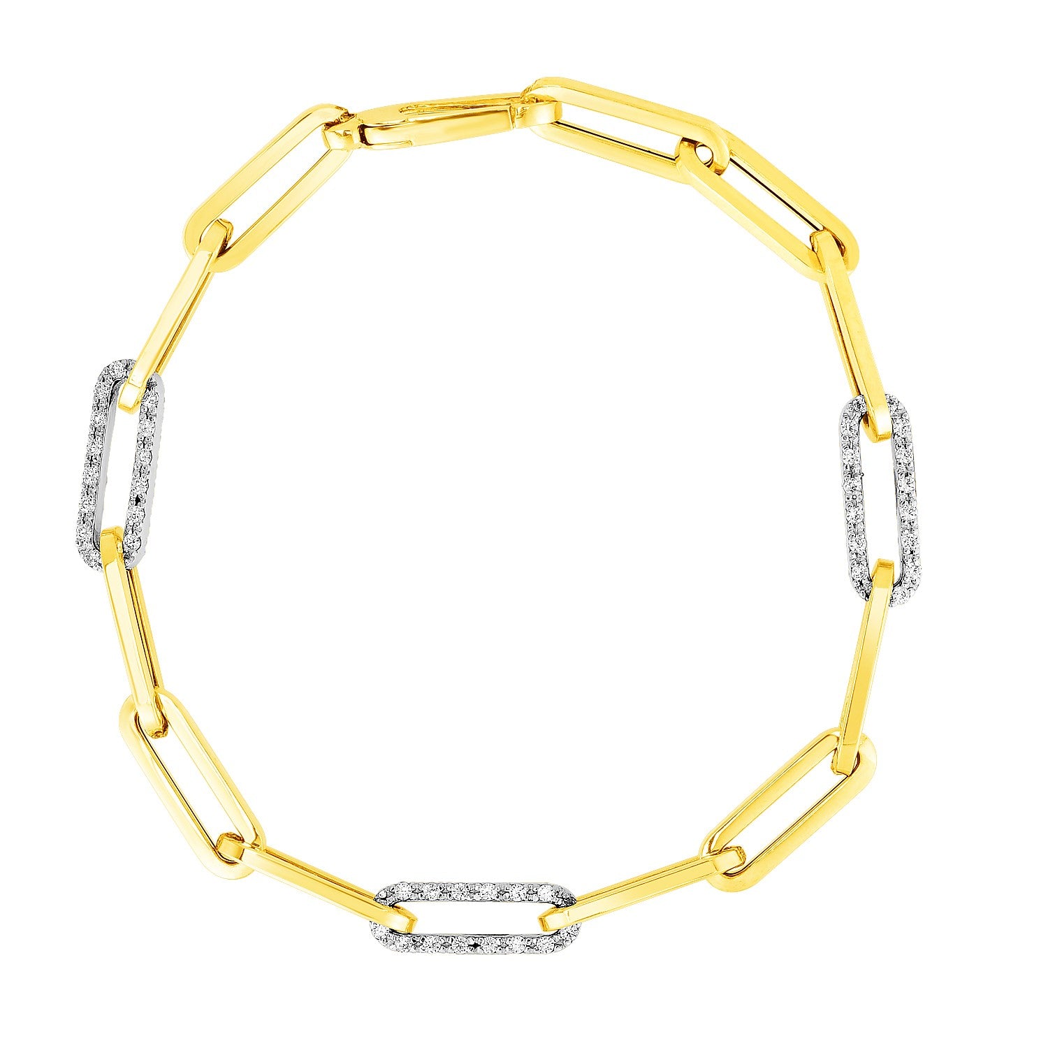 14k yellow gold paperclip chain bracelet featuring three exquisite diamond links for a modern, elegant look.