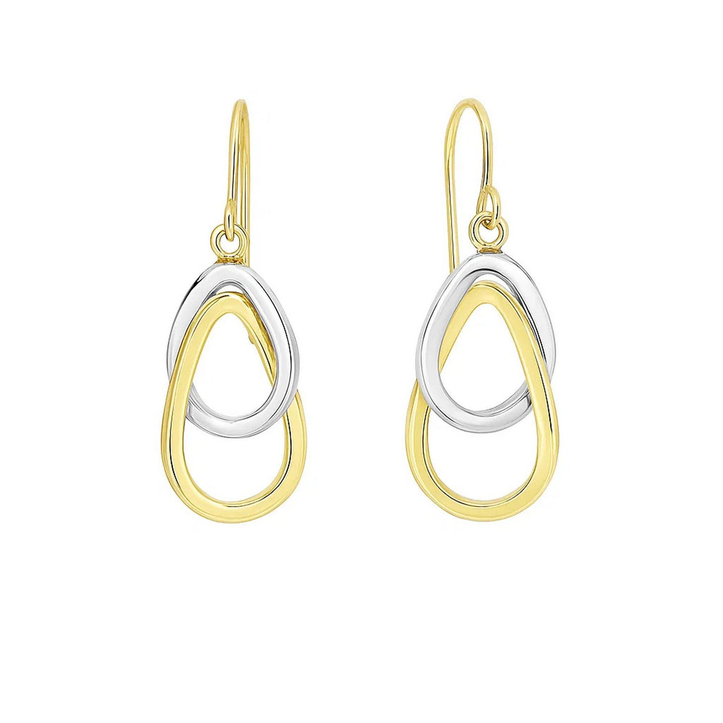14k two-tone gold polished drop teardrop earrings with a modern design, perfect for elegant occasions.