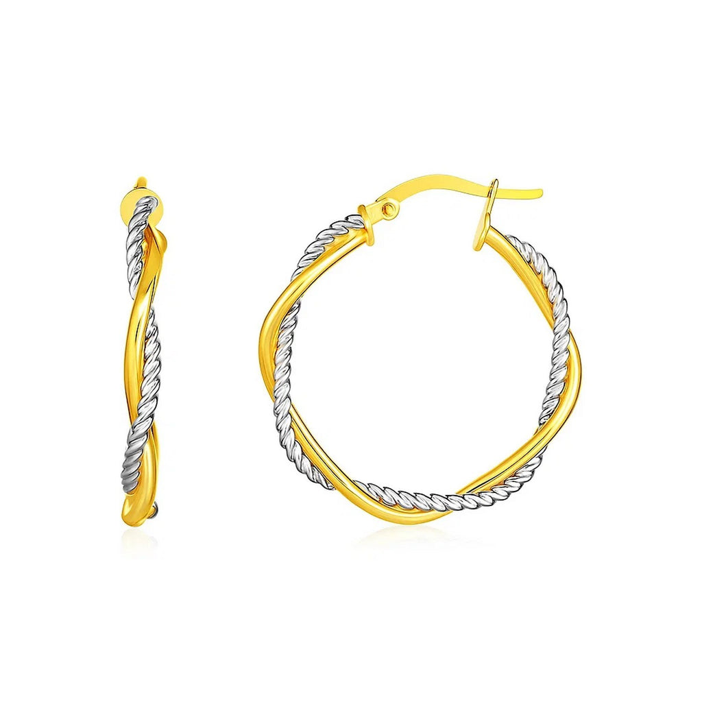 14k yellow and white gold textured twisted hoop earrings, showcasing elegant craftsmanship and luxurious design.