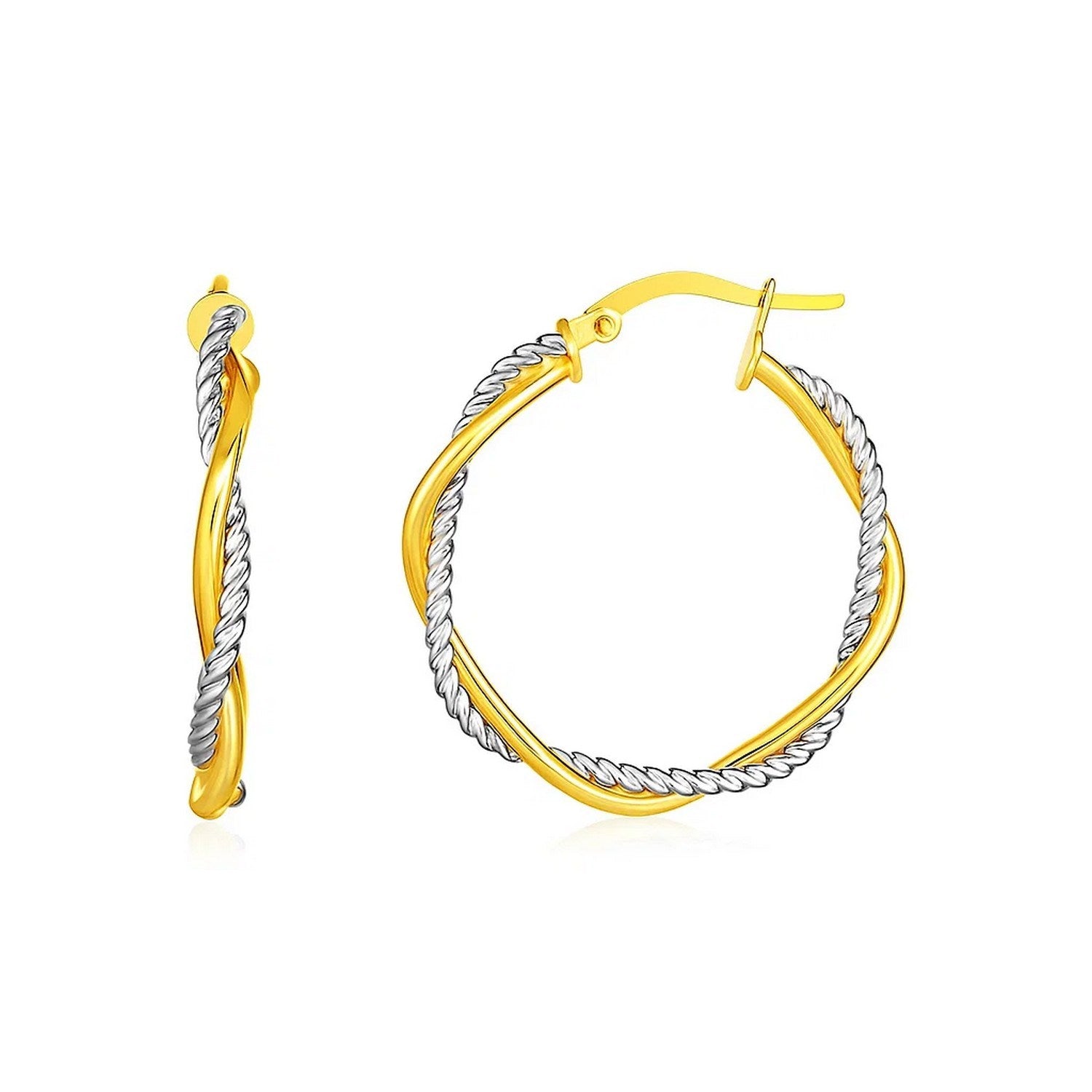 14k yellow and white gold textured twisted hoop earrings, showcasing elegant craftsmanship and luxurious design.
