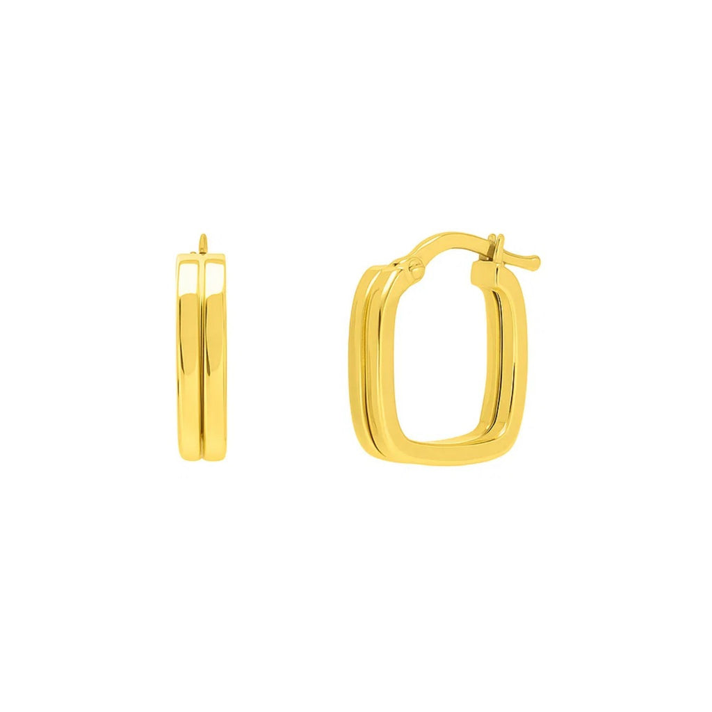 14k yellow gold polished double square tube hoop earrings, embodying modern elegance and timeless luxury.