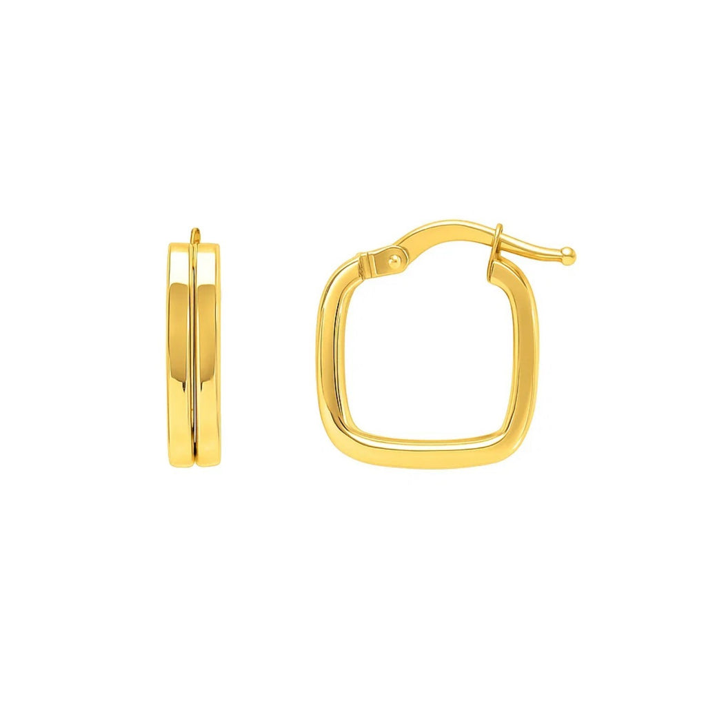 14k yellow gold polished double square tube hoop earrings with a modern design, perfect for elegant occasions.
