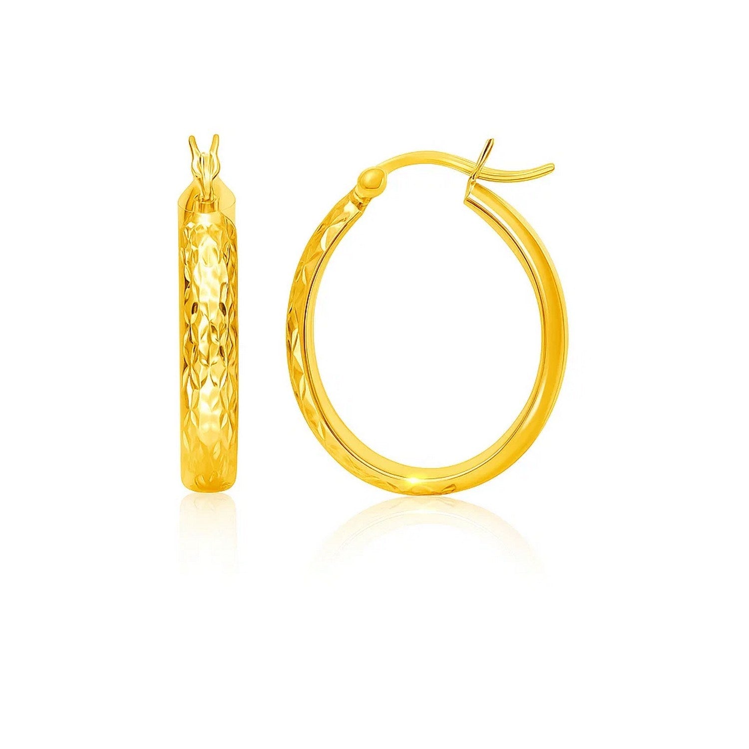 14k yellow gold hammered oval hoop earrings, modern design with a luxurious finish, perfect for elegant occasions.