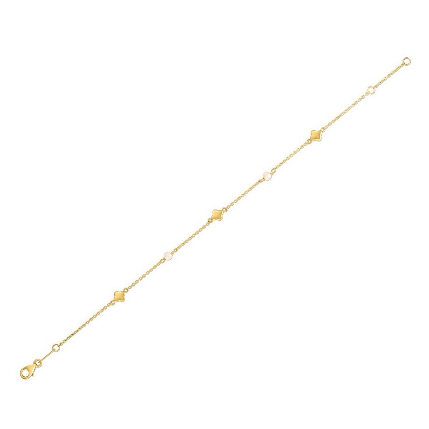 14k yellow gold minimalist bracelet featuring a delicate pearl clover design, perfect for elegant everyday wear.