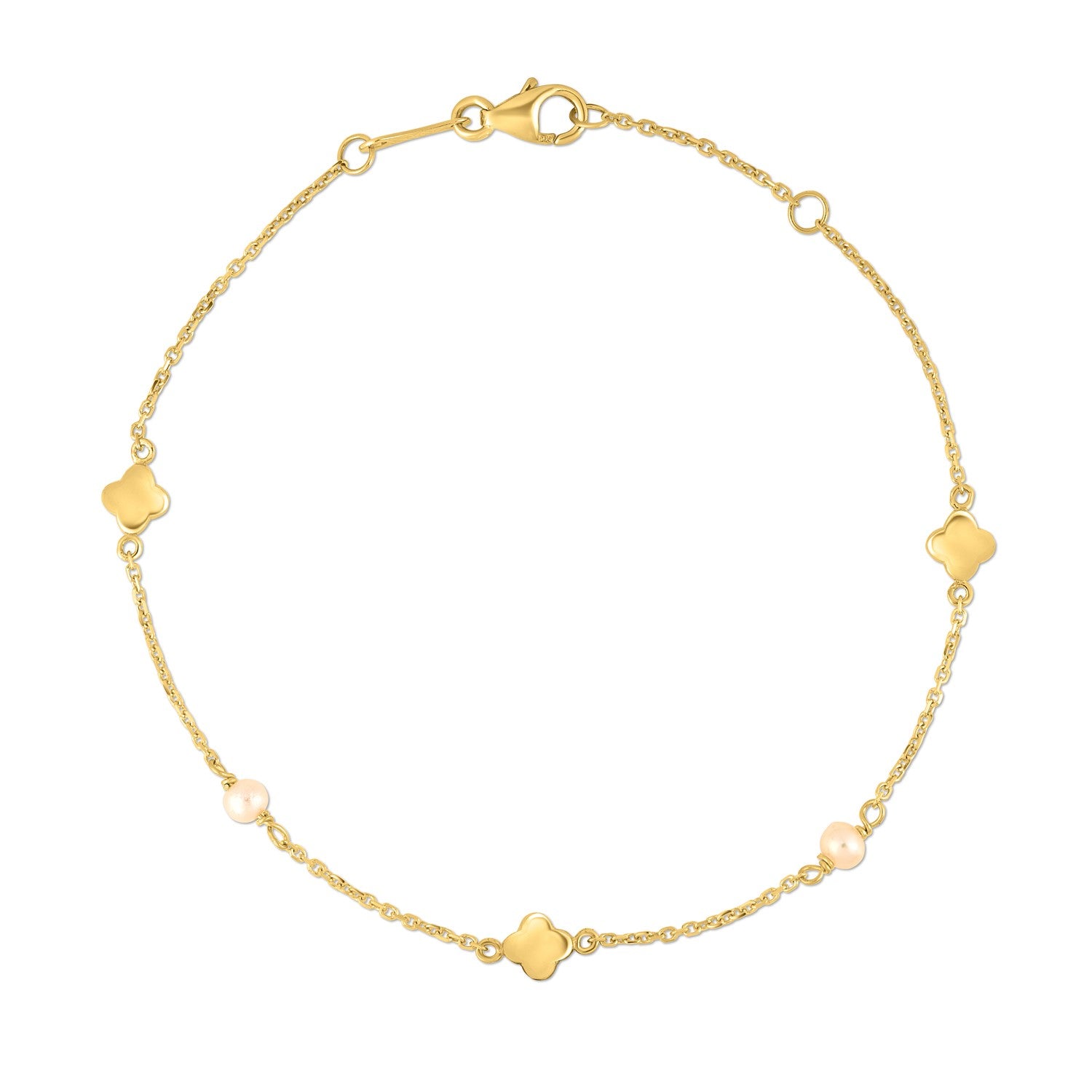 14k yellow gold minimalist bracelet featuring a lustrous pearl clover design and elegant link detailing.