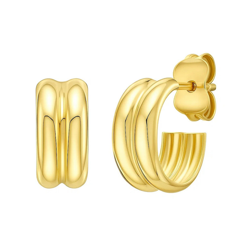 14K yellow gold polished double row C hoop earrings with a modern design, perfect for elegant occasions.