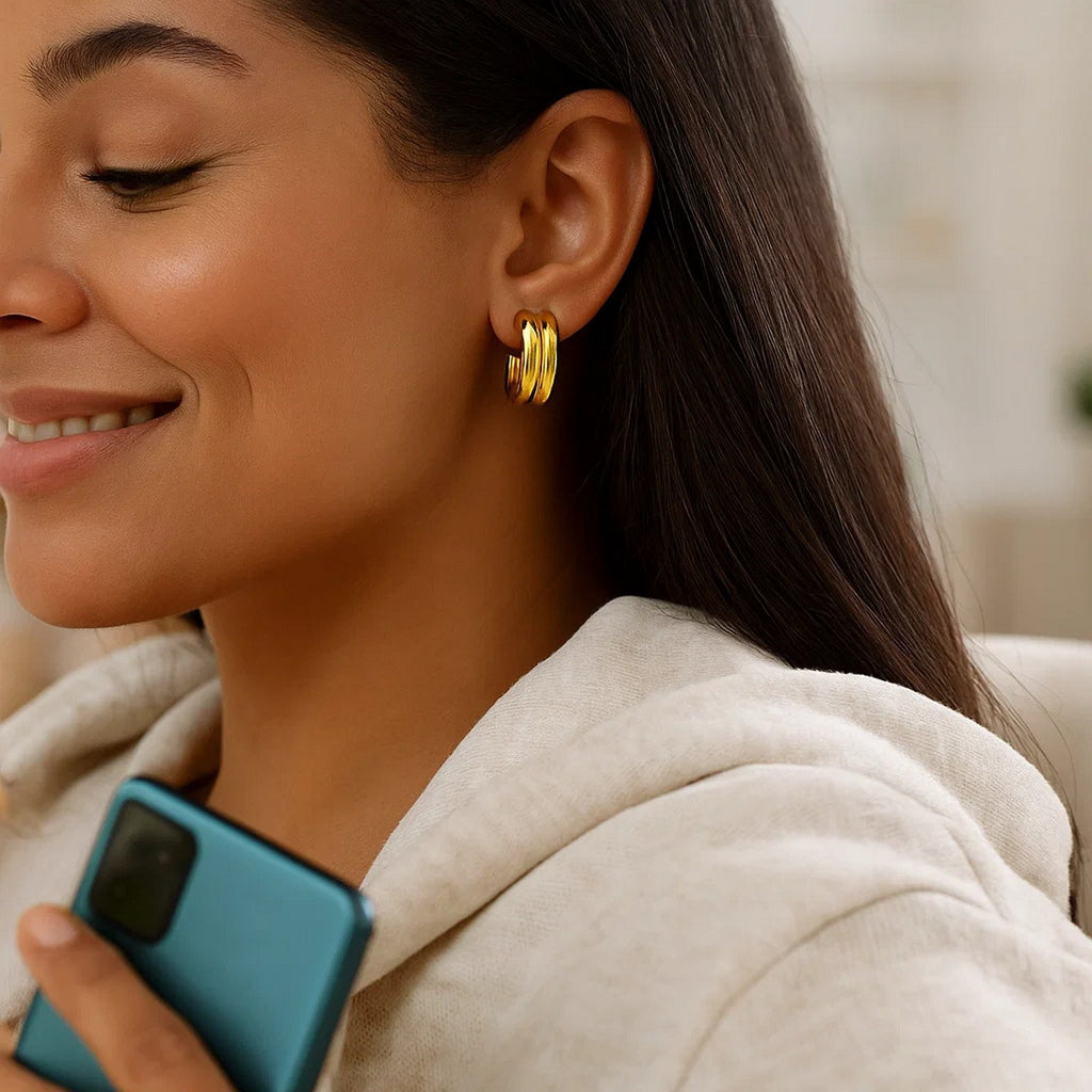 14K yellow gold polished double row C hoop earrings with a sleek modern design, perfect for elegant occasions.