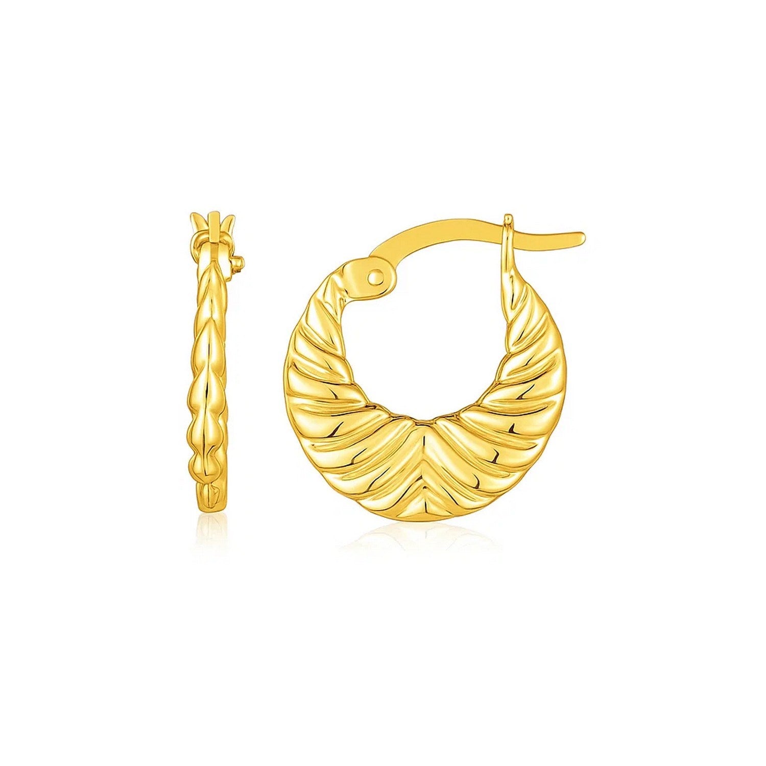 14k yellow gold graduated grooved hoop earrings with a modern design, perfect for elegant occasions.