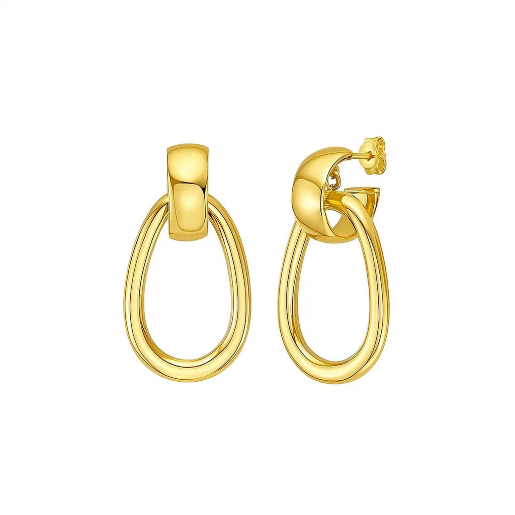 14K yellow gold polished hoop drop earrings with a modern design, perfect for elegant occasions and everyday wear.