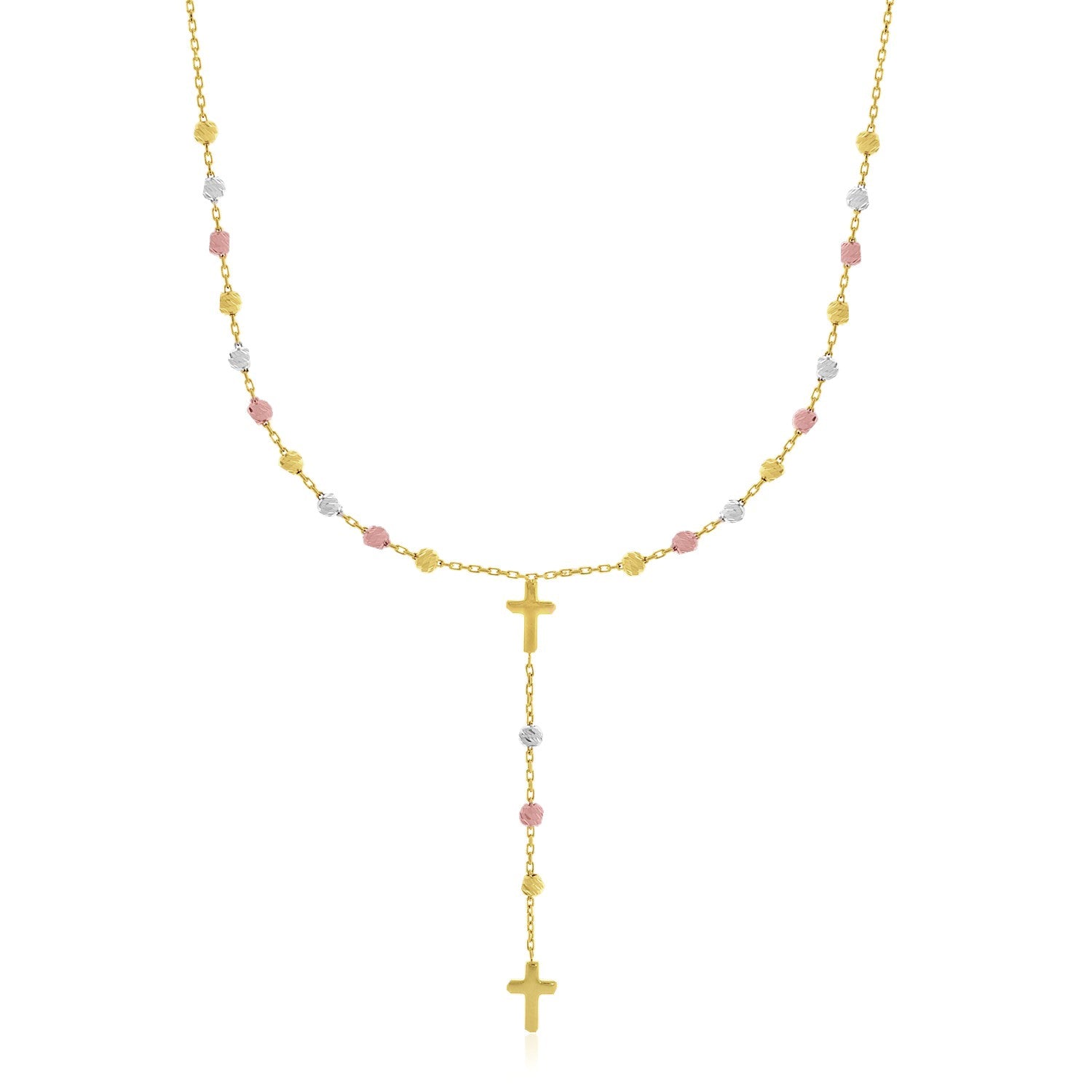 14k tri-color gold rosary chain necklace featuring a modern design with elegant links and luxurious shine.