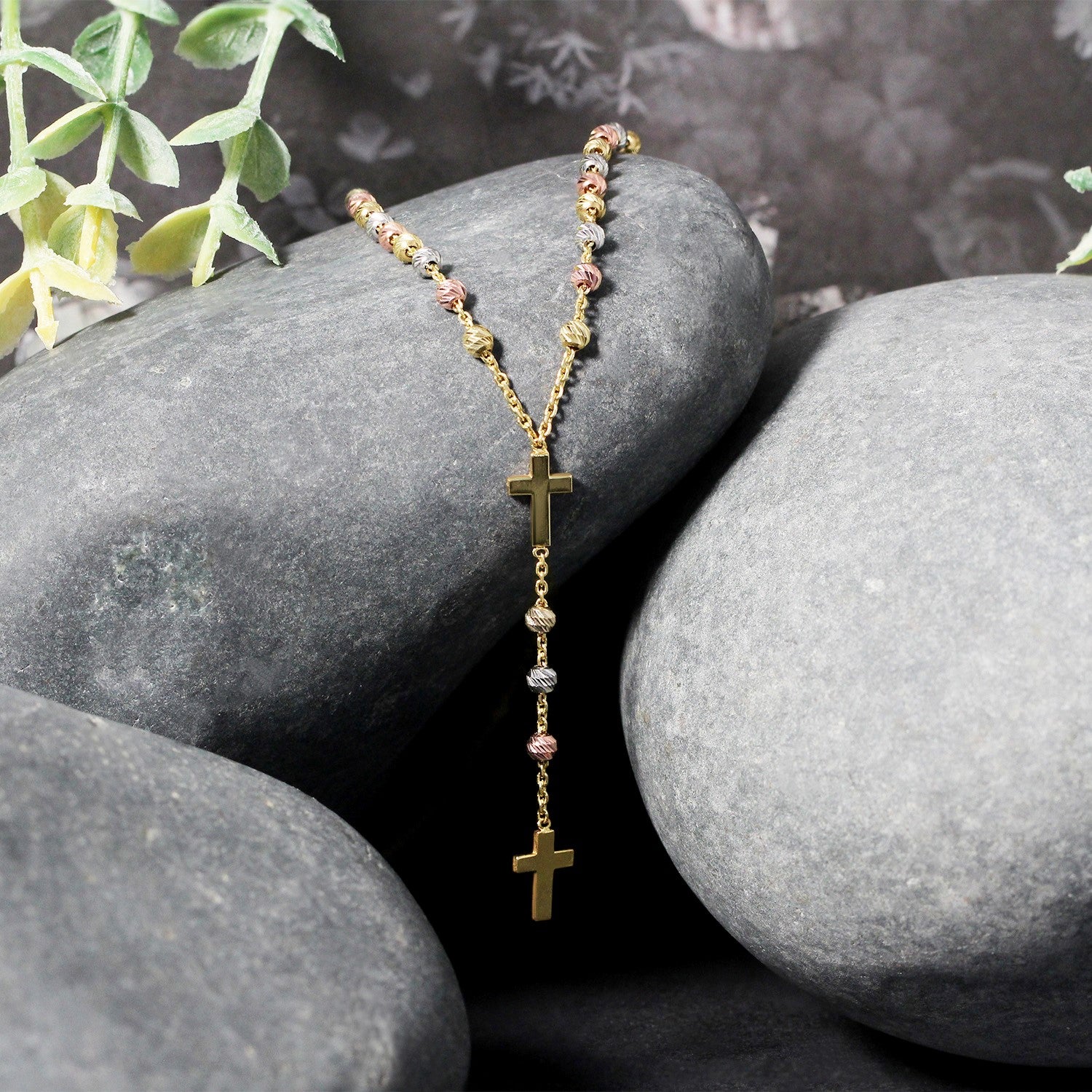 14k tri-color gold rosary chain necklace featuring a modern design with elegant links and a luxurious finish.