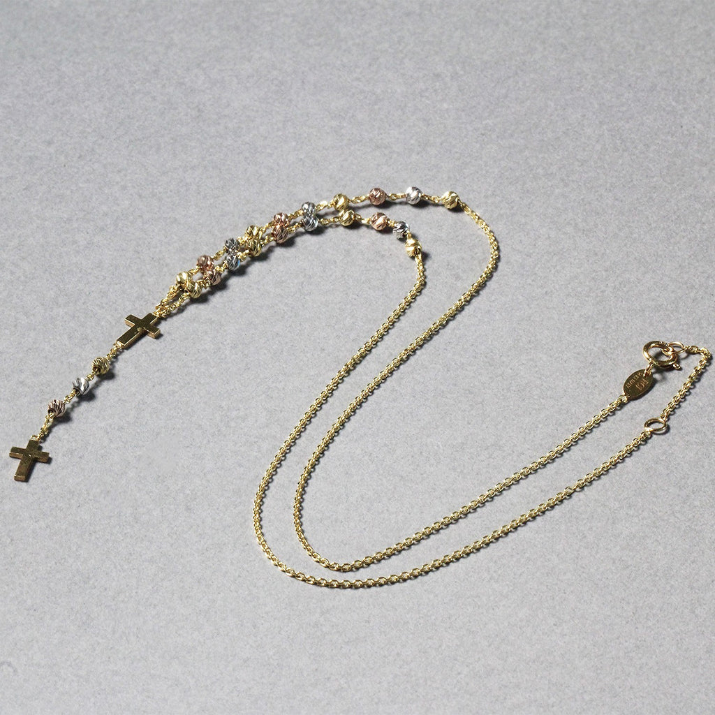 14k tri-color gold rosary chain necklace featuring modern design and elegant links for a luxurious touch.