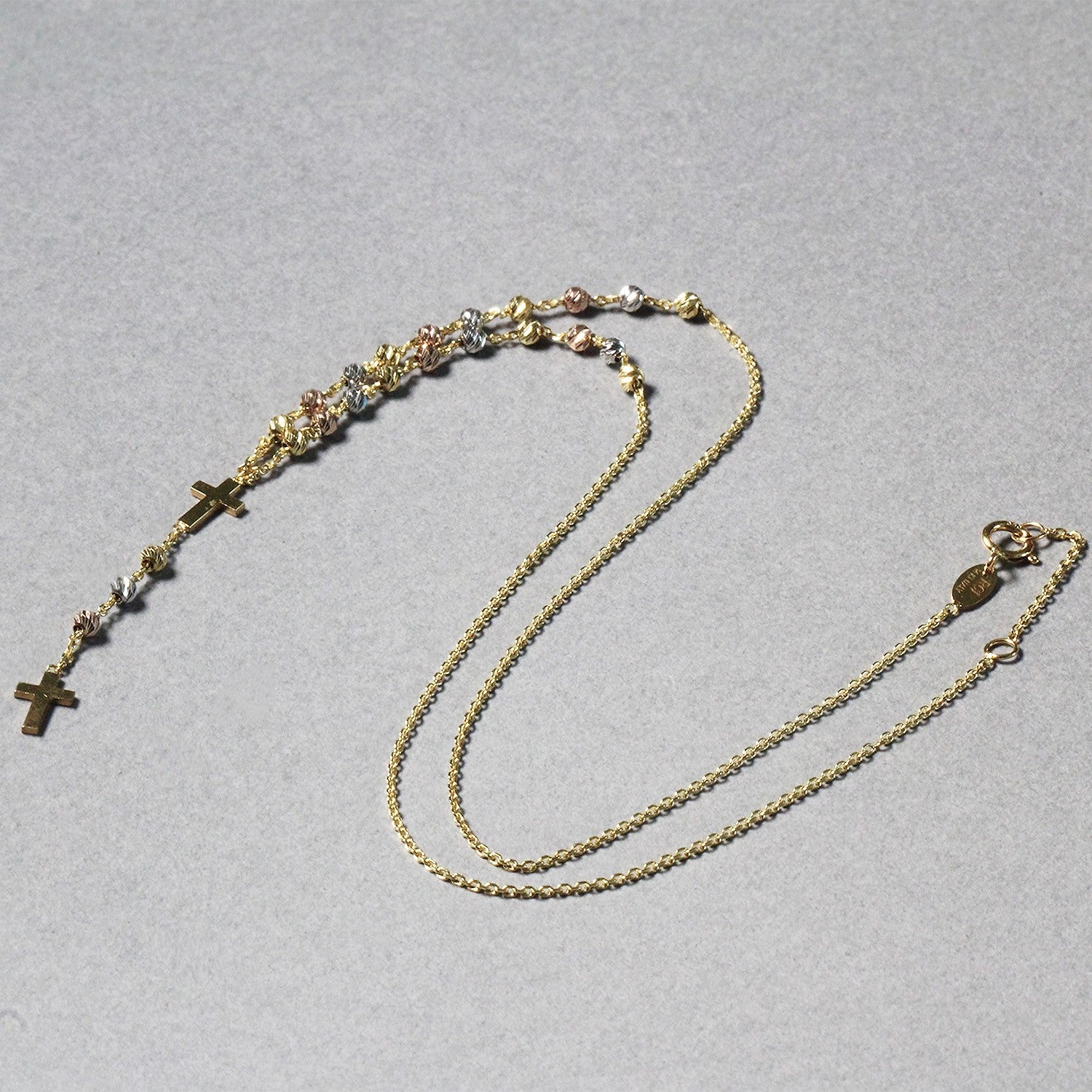 14k tri-color gold rosary chain necklace featuring modern design and elegant links for a luxurious touch.