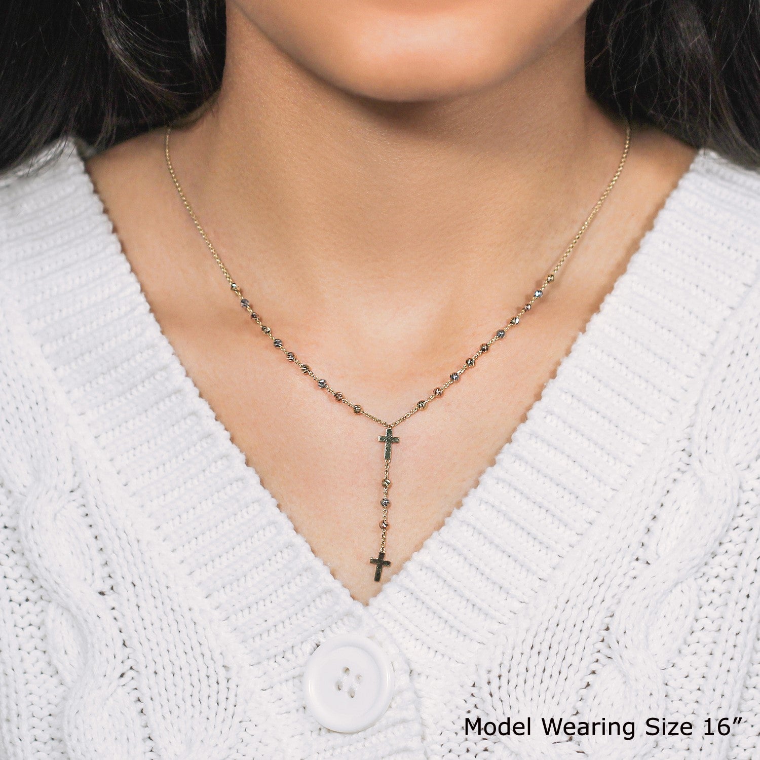 14k tri-color gold rosary chain necklace featuring modern design and elegant links for a luxurious touch.