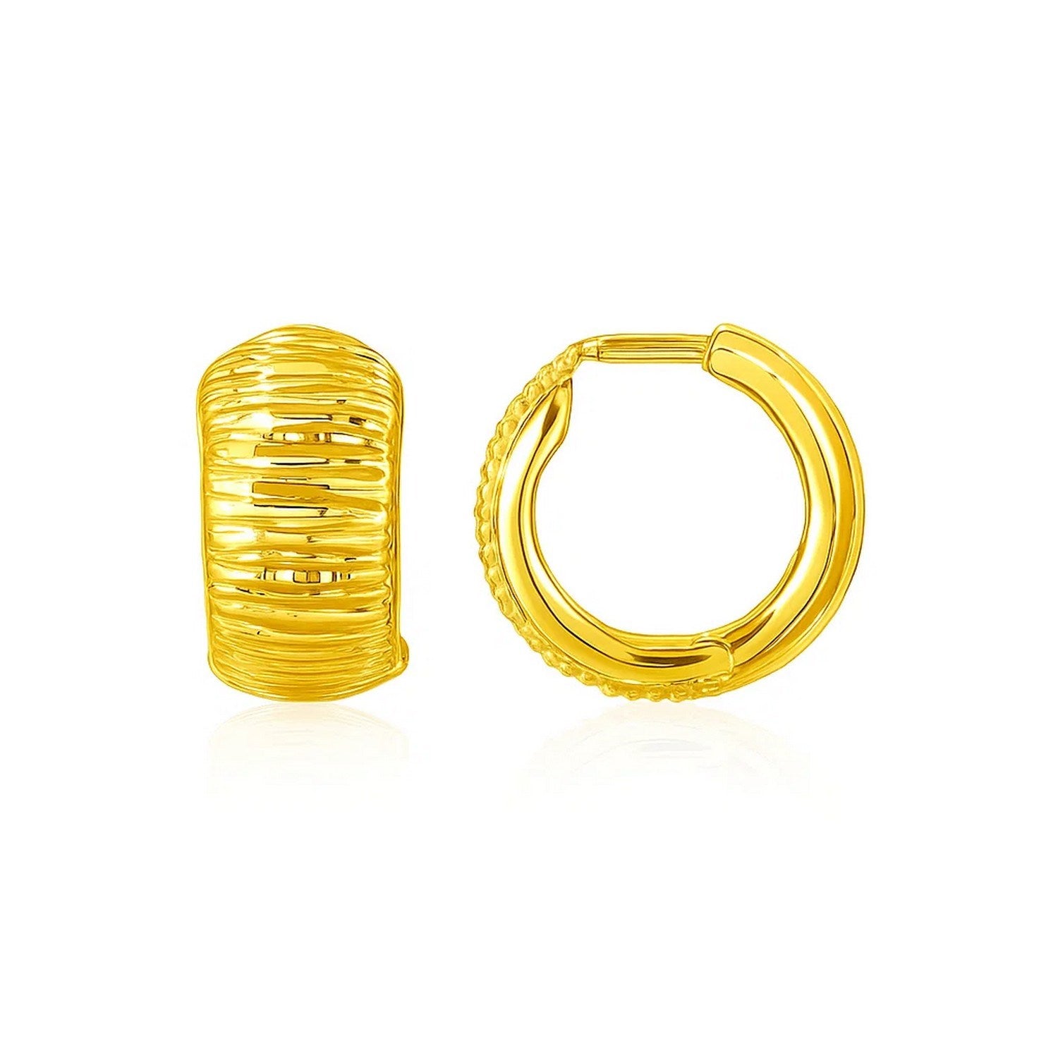 14k yellow gold diamond cut hoop earrings, exuding elegance with a luxurious shine and intricate design.