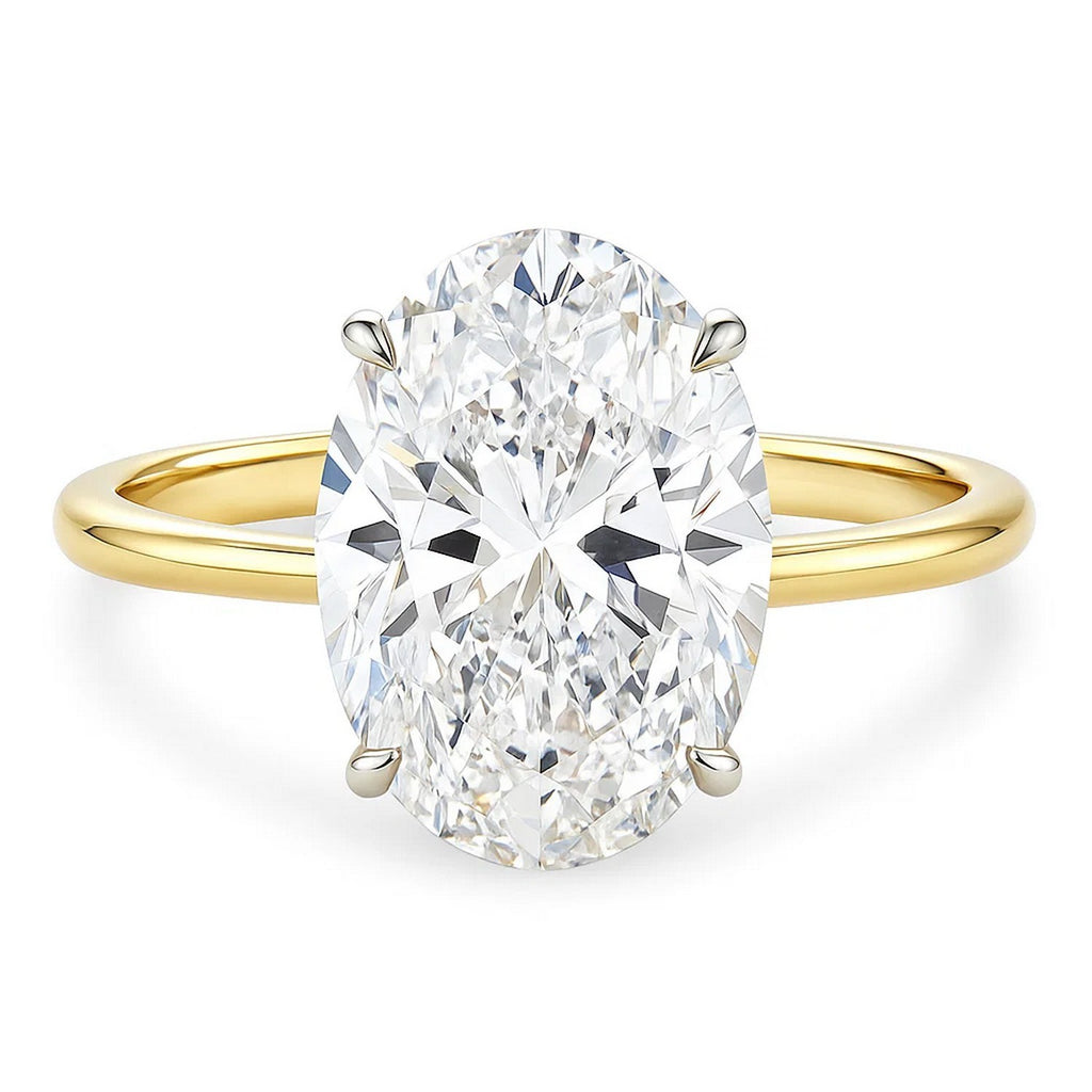 5 carat oval lab-grown diamond solitaire ring in 14k yellow gold with elegant prong setting, showcasing contemporary design.