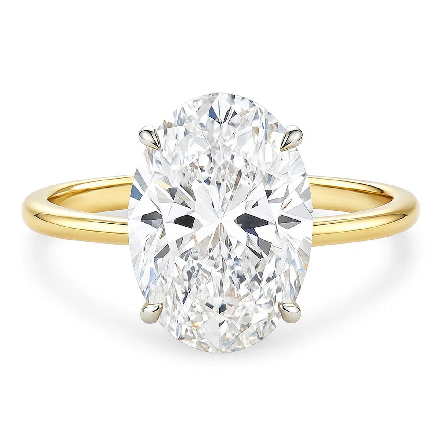 5 carat oval lab-grown diamond solitaire ring in 14k yellow gold with elegant prong setting, showcasing contemporary design.
