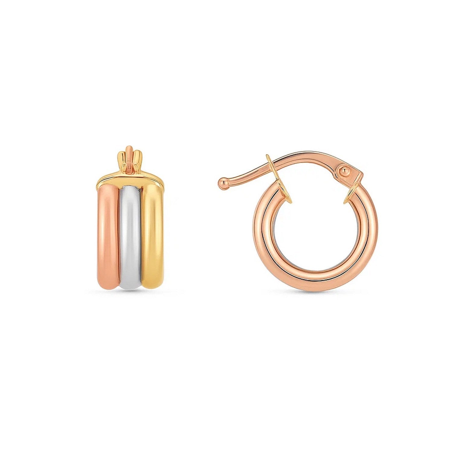 14k tri-color gold textured hoop earrings featuring a modern design, perfect for elegant occasions and everyday wear.
