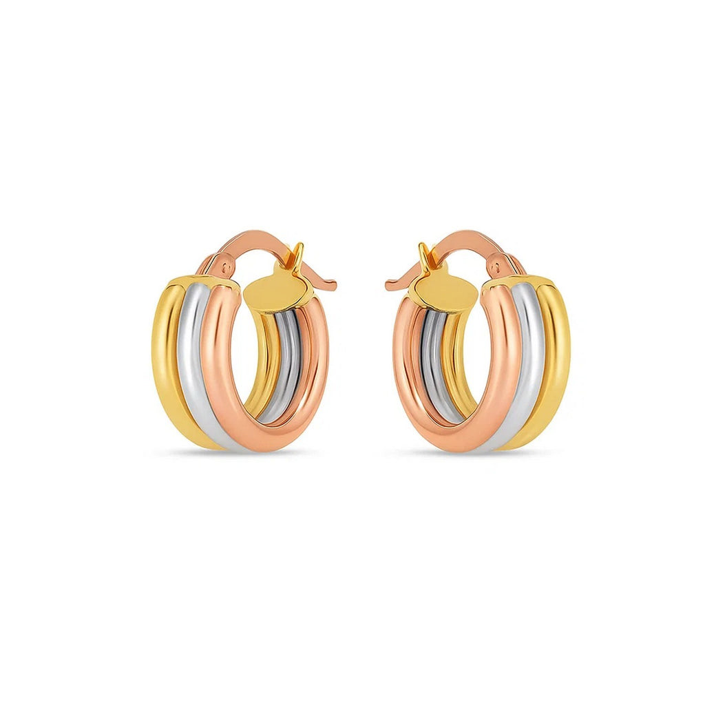 14k tri-color gold textured hoop earrings showcasing a modern design with elegant trilogy detail.