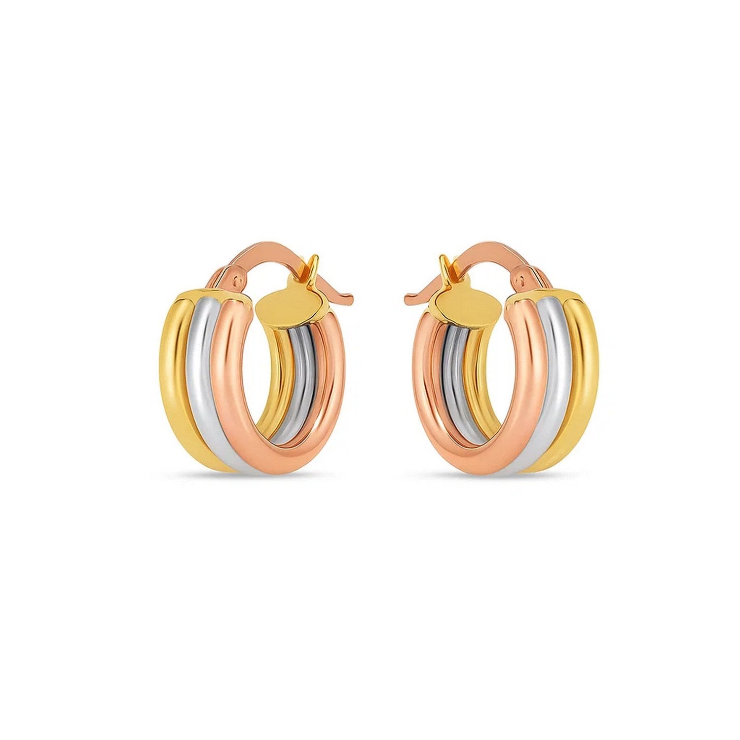 14k tri-color gold textured hoop earrings showcasing a modern design with elegant trilogy detail.