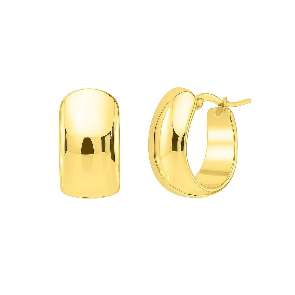14k yellow gold polished huggie hoop earrings with a modern oval design, perfect for elegant everyday wear.