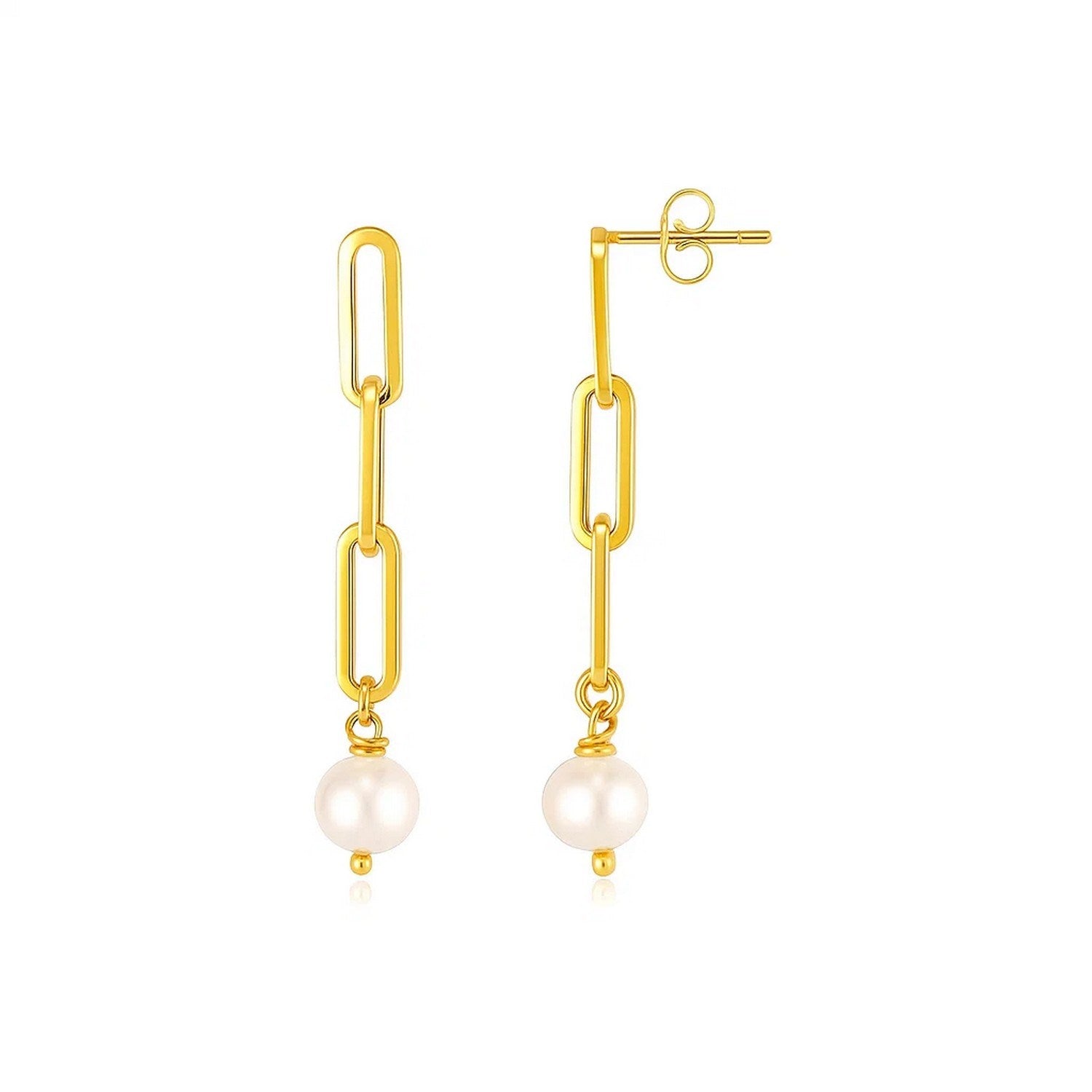 14k yellow gold drop earrings featuring lustrous pearls in a classic chain link design.