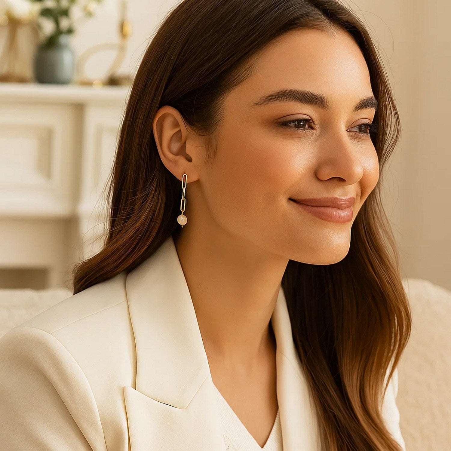 14k yellow gold drop earrings featuring lustrous pearls in a classic chain link design.