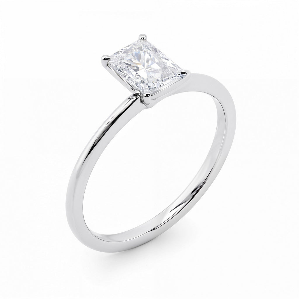 1 1/2 carat radiant lab grown diamond solitaire ring in 14k white gold with elegant prong setting, modern design.