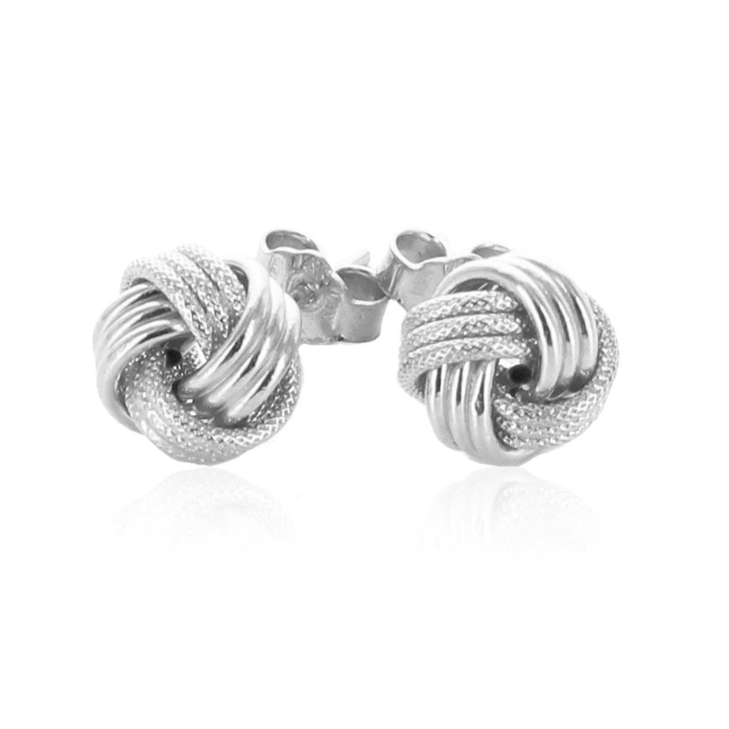 Polished 14k white gold love knot earrings featuring a contemporary design for timeless elegance.