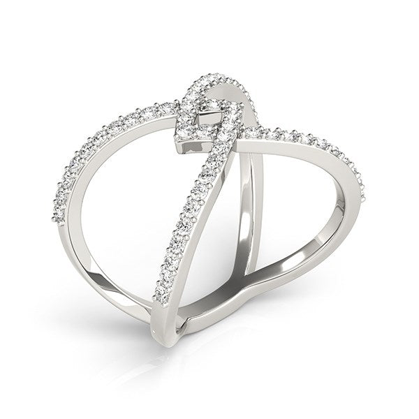 Elegant 14k white gold entwined diamond ring with prong setting, showcasing a stunning 1/2 cttw round diamond.