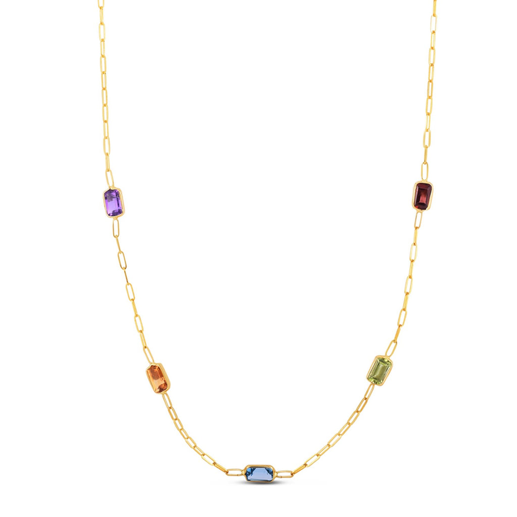 14k yellow gold multi gemstone paperclip necklace with bezel settings and a modern chain design.