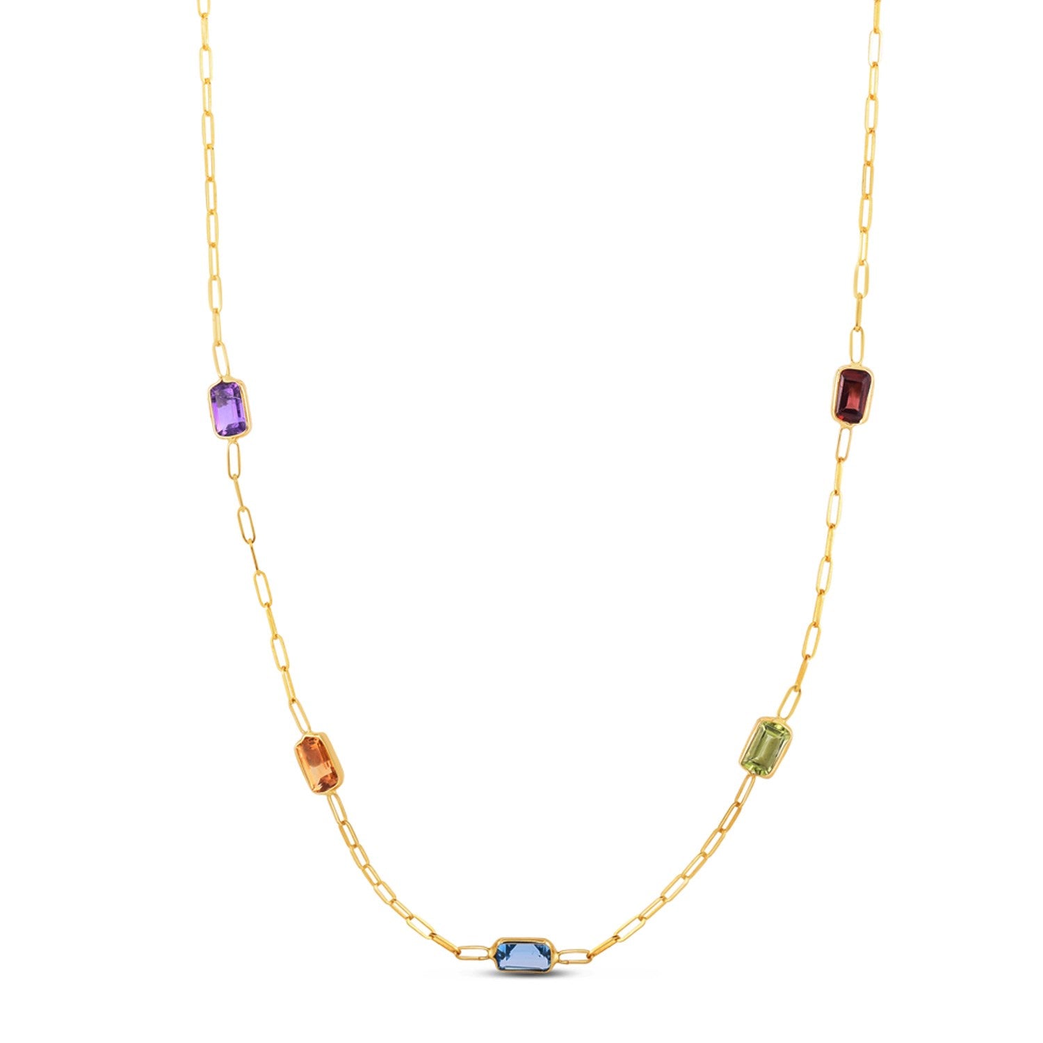 14k yellow gold multi gemstone paperclip necklace with bezel settings and a modern chain design.