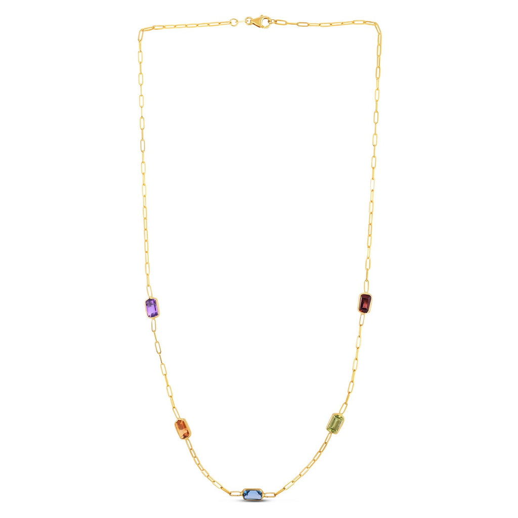 14K yellow gold multi gemstone paperclip necklace featuring a modern bezel setting and elegant chain design.