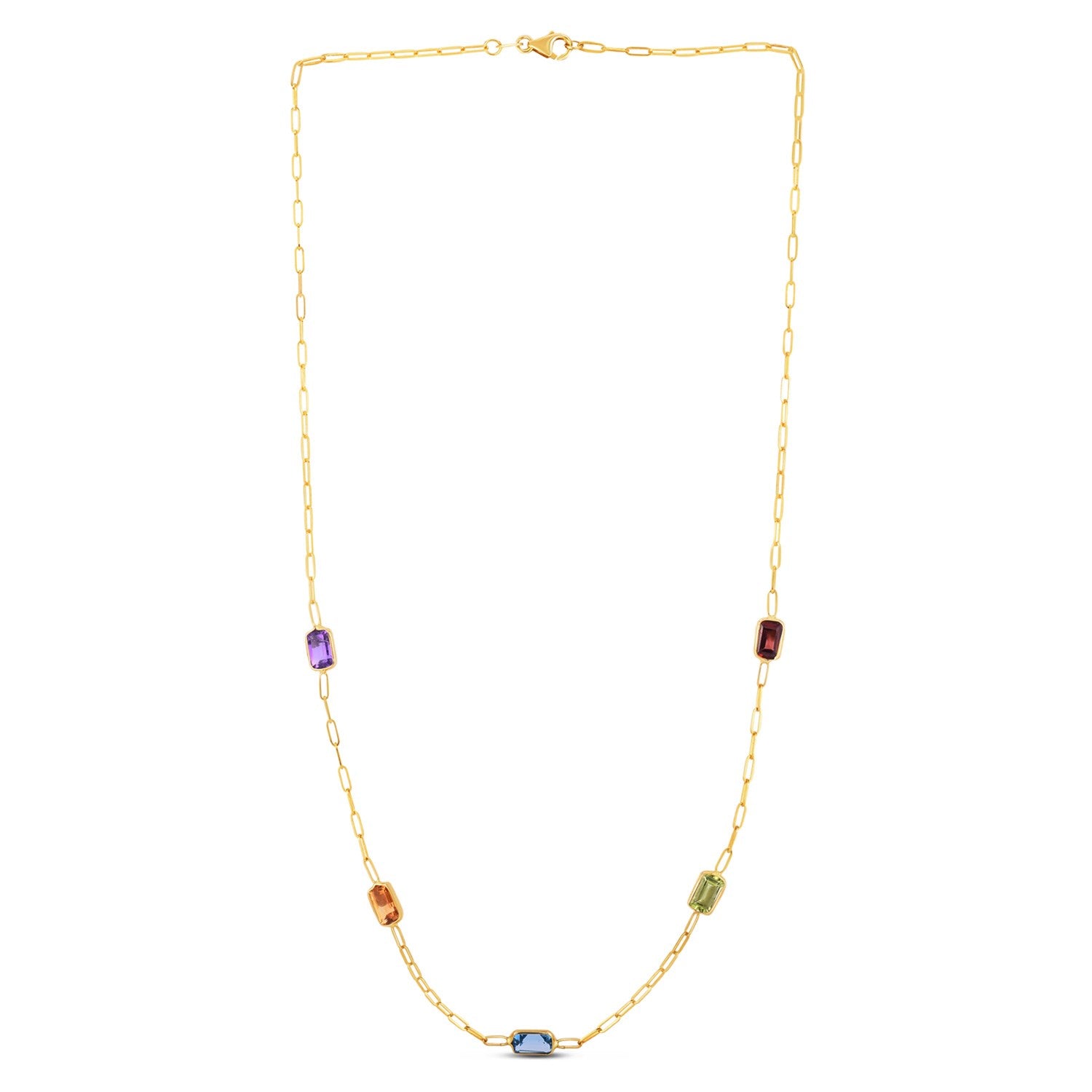 14K yellow gold multi gemstone paperclip necklace featuring a modern bezel setting and elegant chain design.