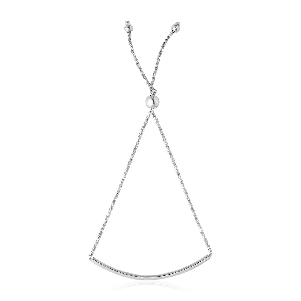 14k white gold minimalist curved bar lariat bracelet with elegant chain design, perfect for refined luxury style.