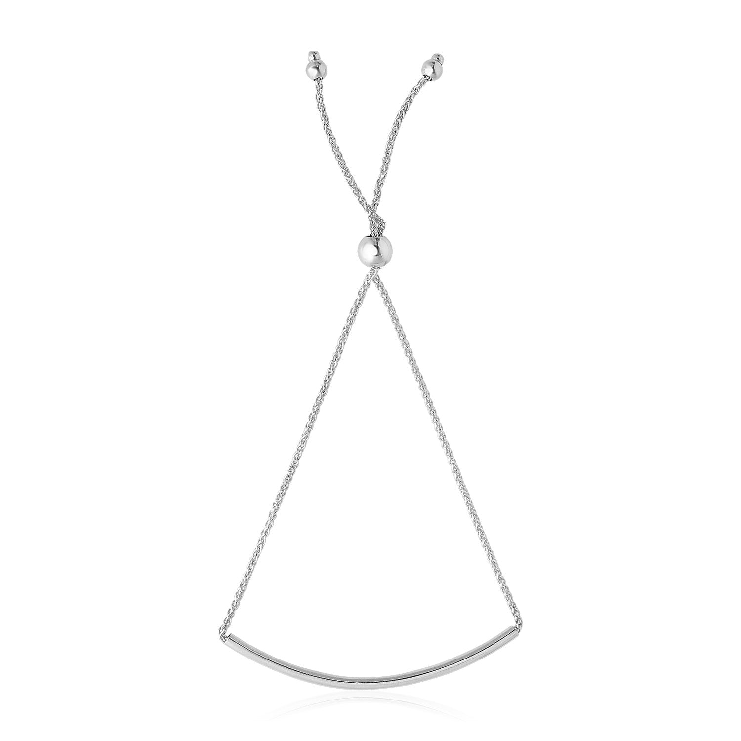 14k white gold minimalist curved bar lariat bracelet with elegant chain design, perfect for refined luxury style.
