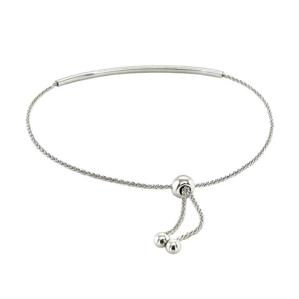 14k white gold minimalist lariat bracelet featuring a smooth curved bar design and delicate chain detail.