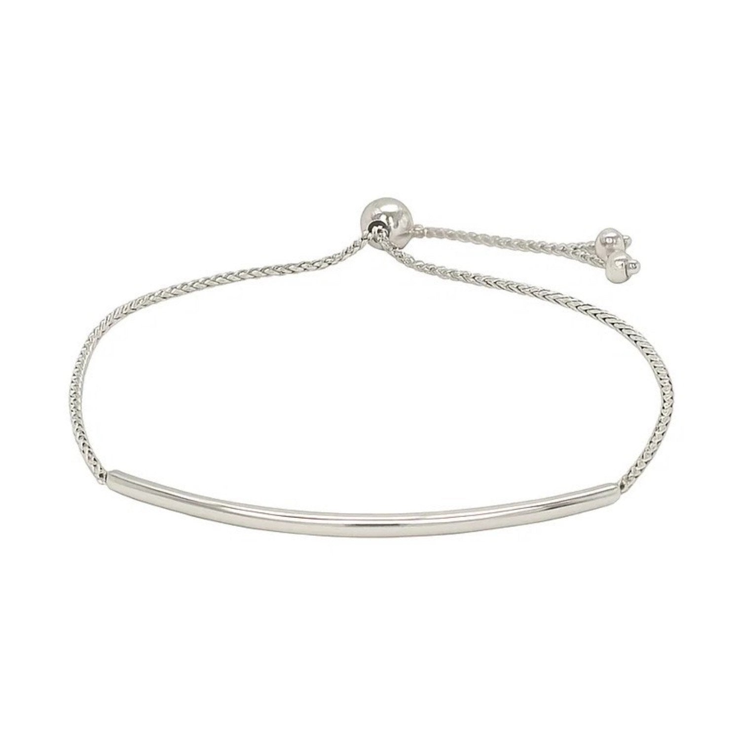 14k white gold minimalist lariat bracelet featuring a smooth curved bar design and delicate chain detail.