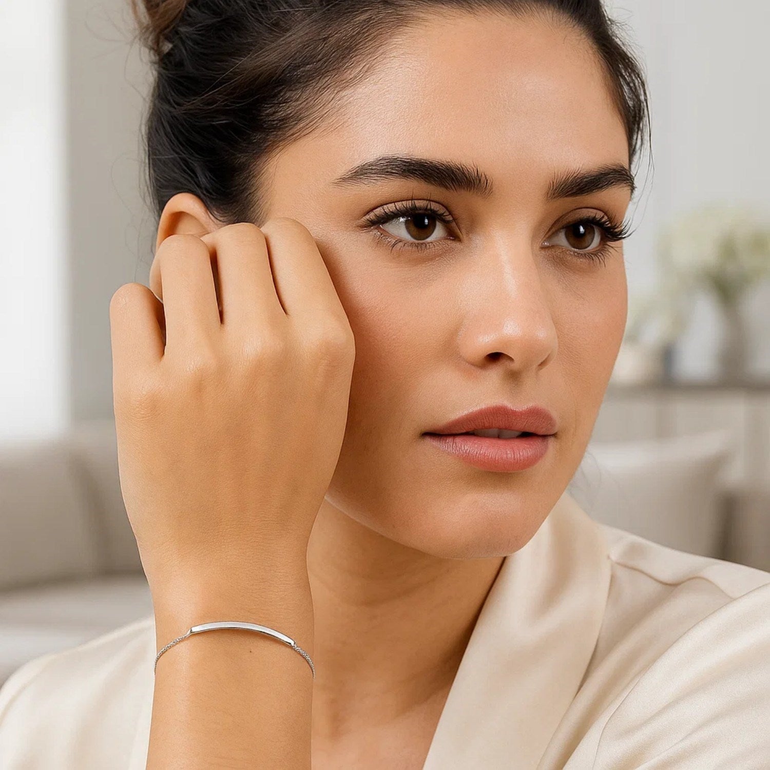 14k white gold minimalist curved bar lariat bracelet featuring a sleek chain design for elegant layering.