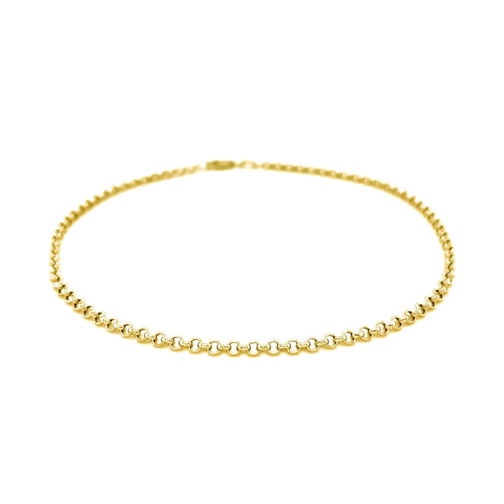 Minimalist 2.3mm 10k yellow gold rolo anklet featuring elegant round links for a timeless, luxurious look.