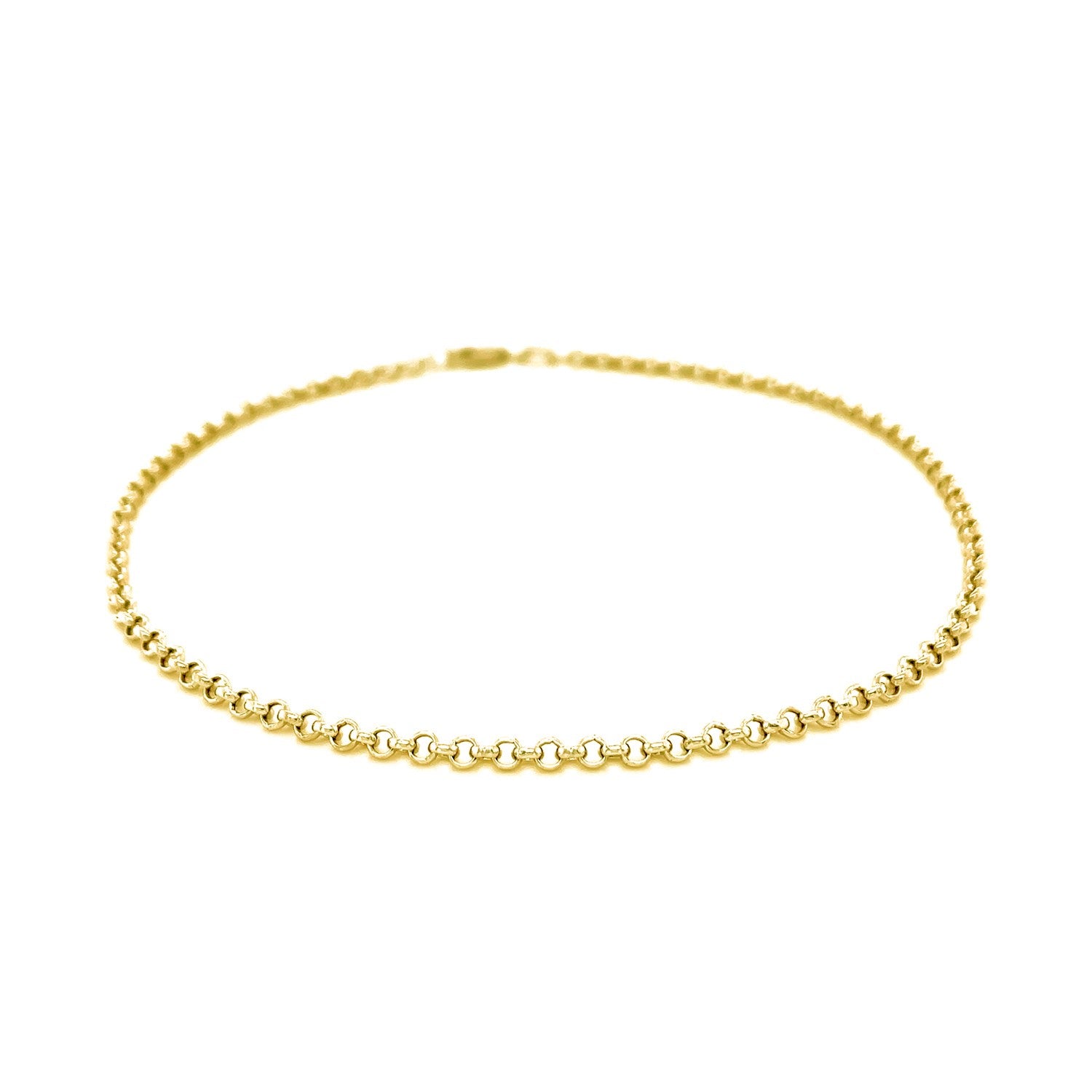 Minimalist 2.3mm 10k yellow gold rolo anklet featuring elegant round links for a timeless, luxurious look.