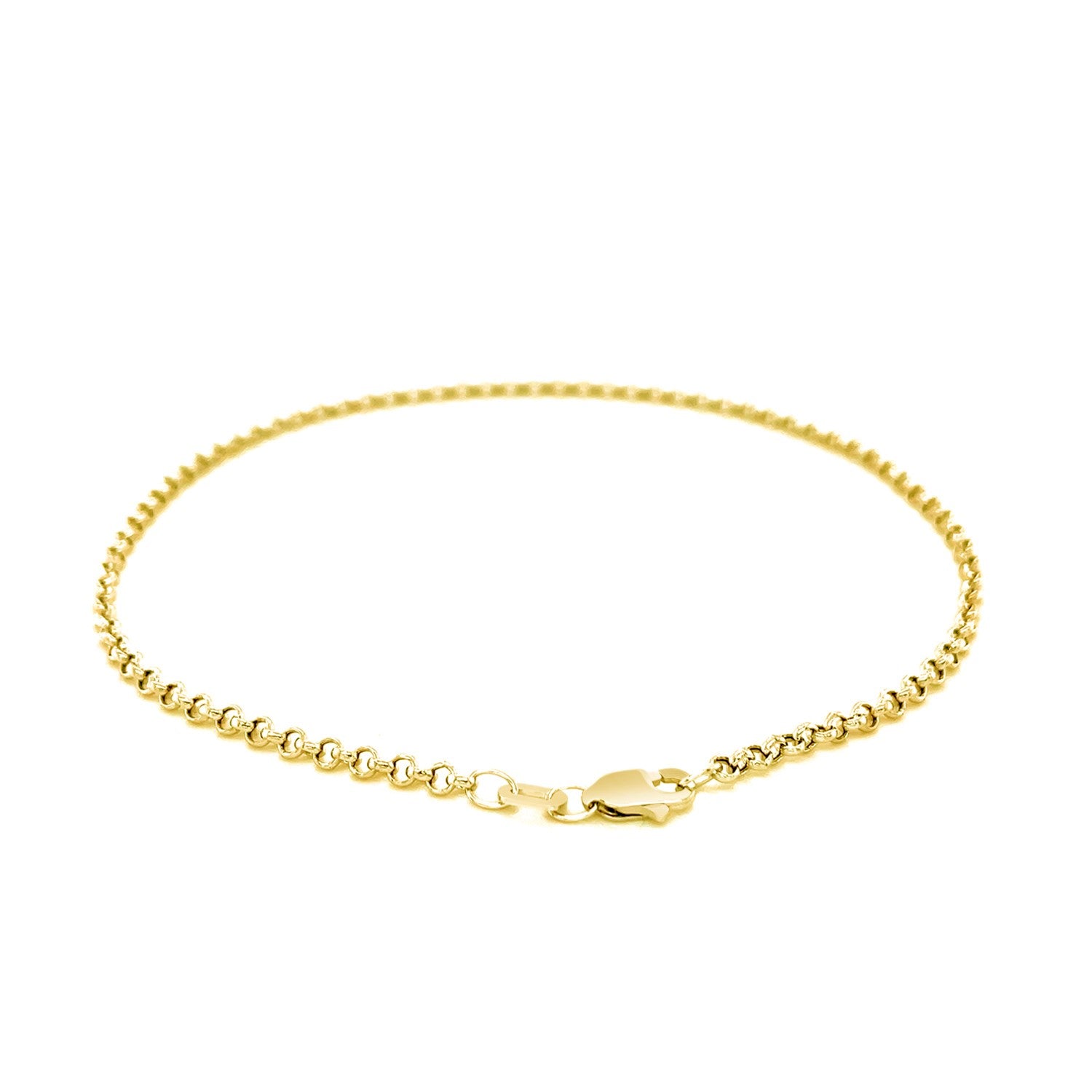 Minimalist 2.3mm 10k yellow gold rolo anklet featuring elegant round links for a timeless luxury look.